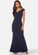 Goddiva Bardot Pleat Maxi Dress Navy XXS (UK6)