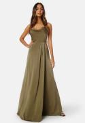 Bubbleroom Occasion Waterfall High Slit Satin Gown Olive green 42