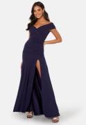 Goddiva Bardot Pleat Maxi Split Dress Navy XXS (UK6)