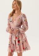 Goddiva Floral Long Sleeve Tiered Skater Dress Peach Floral XL (UK16)