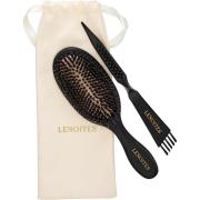 Lenoites Hair Brush Wild Boar with pouch and cleaner tool Black