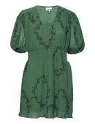 Pleated Georgette V-Neck Smock Mini Dress Green Ganni