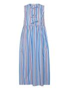 Stripe Cotton Midi Dress Blue Ganni