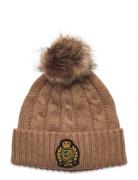 Crest-Patch Pom-Pom Cable-Knit Beanie Brown Lauren Ralph Lauren