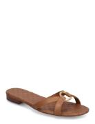 Emmy Burnished Leather Slide Sandal Brown Lauren Ralph Lauren