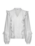 Margaret V-Neck Frill Blouse White Bubbleroom