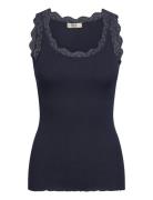 Rmwbalta Modal Sl Lace U-Neck Top Navy RM By Rosemunde