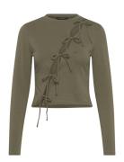 Long Sleeve Tie Top Khaki Monki