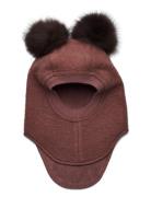 Balaclava Wool Alpaca Pompoms Burgundy Huttelihut