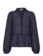 Peplum Dobby Dot Blouse Navy Bubbleroom