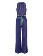 Striped Jumpsuit With Belt Blue Mango