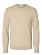 Slhtray Ls Knit Merino Crew Neck Noos Beige Selected