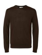 Slhtray Ls Knit Merino Crew Neck Noos Brown Selected