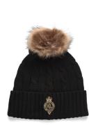 Crest-Patch Pom-Pom Cable-Knit Beanie Black Lauren Ralph Lauren