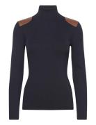 Faux-Leather-Trim Ribbed Turtleneck Navy Lauren Ralph Lauren