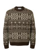 Slhholger Ls Knit Jaquard Crew Neck Brown Selected