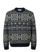 Slhholger Ls Knit Jaquard Crew Neck Navy Selected