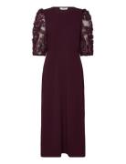3D Floral Sleeve Midi Dress Burgundy Bubbleroom
