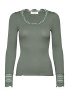 Rwbenita Silk Ls O-Neck Lace T-Shir Green Rosemunde
