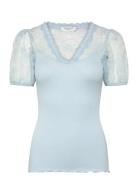 Rwbeatha Silk Ss Full Lace V- Neck Blue Rosemunde