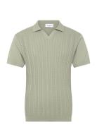 Knitted S/S Cable V-Neck Polo Green Lindbergh