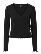 Pckitte Ls V-Neck Wrap Top Jrs Noos Bc Black Pieces