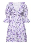 Linen V-Neck Dress Lyhyt Mekko Purple By Ti Mo