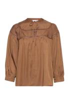 Shirt With Quilt And Latterlace Tops Blouses Long-sleeved Brown Coster...