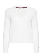 Cable All Over V-Nk Sweater Tops Knitwear Jumpers White Tommy Hilfiger