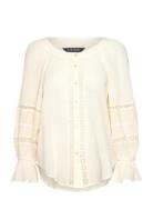 Lace-Trim Cotton Blouson-Sleeve Shirt Tops Blouses Long-sleeved Cream ...