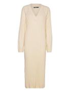 V-Neck Knitted Dress Polvipituinen Mekko Cream Gina Tricot