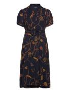 Print Belted Georgette Puff-Sleeve Dress Polvipituinen Mekko Navy Laur...