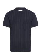 Knitted S/S O-Neck Tee Tops T-shirts Short-sleeved Navy Lindbergh