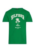 Hilfiger Palm Print Tee Ss Tops T-shirts Short-sleeved Green Tommy Hil...