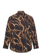 Classic Fit Belting-Print Crepe Shirt Tops Shirts Long-sleeved Black L...