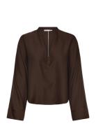 Nina V-Neck Silk Blouse Tops Blouses Long-sleeved Brown Ahlvar Gallery