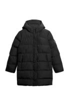Hooded Sports Puffer Mid Jkt Topattu Pitkä Takki Black Superdry