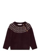 Jacquard Sweater With Buttons Tops Knitwear Pullovers Burgundy Mango