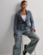 Nelly - Sininen - Flounce Tie Jacquard Knit Cardigan